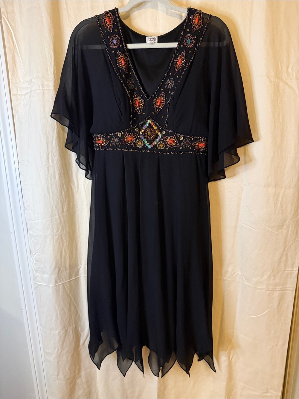 Cache Black Midi Dress with Multicolor Beaded Accents